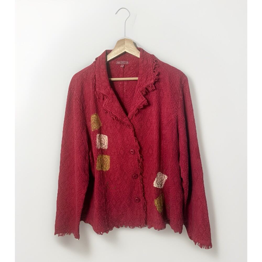 Vintage Focus Jacket Womens XL Red Textured Lagenlook Artsy Buttons Boxy USA